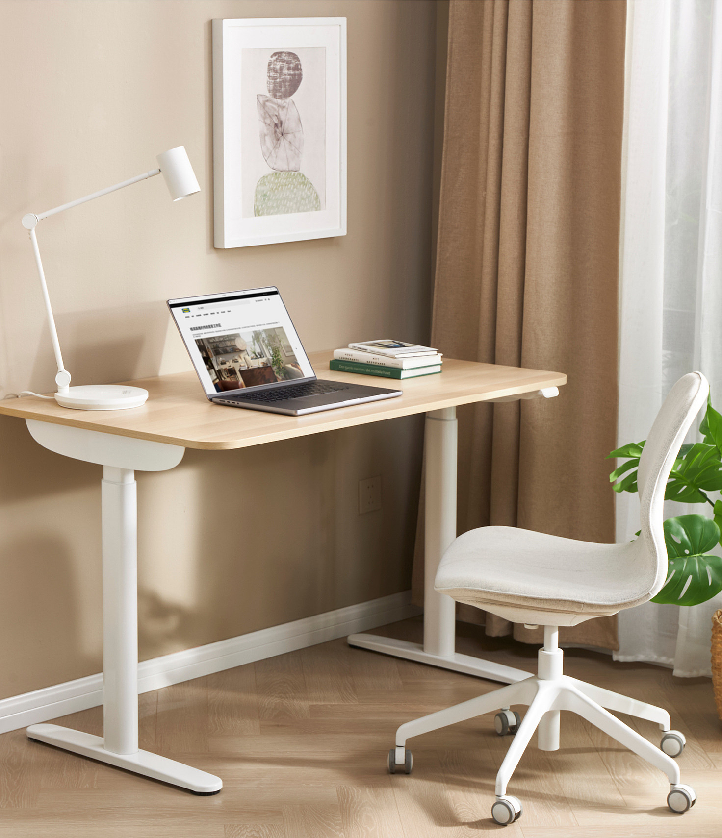 BOLLSIDAN desk sit/stand electric white stained oak effect/white